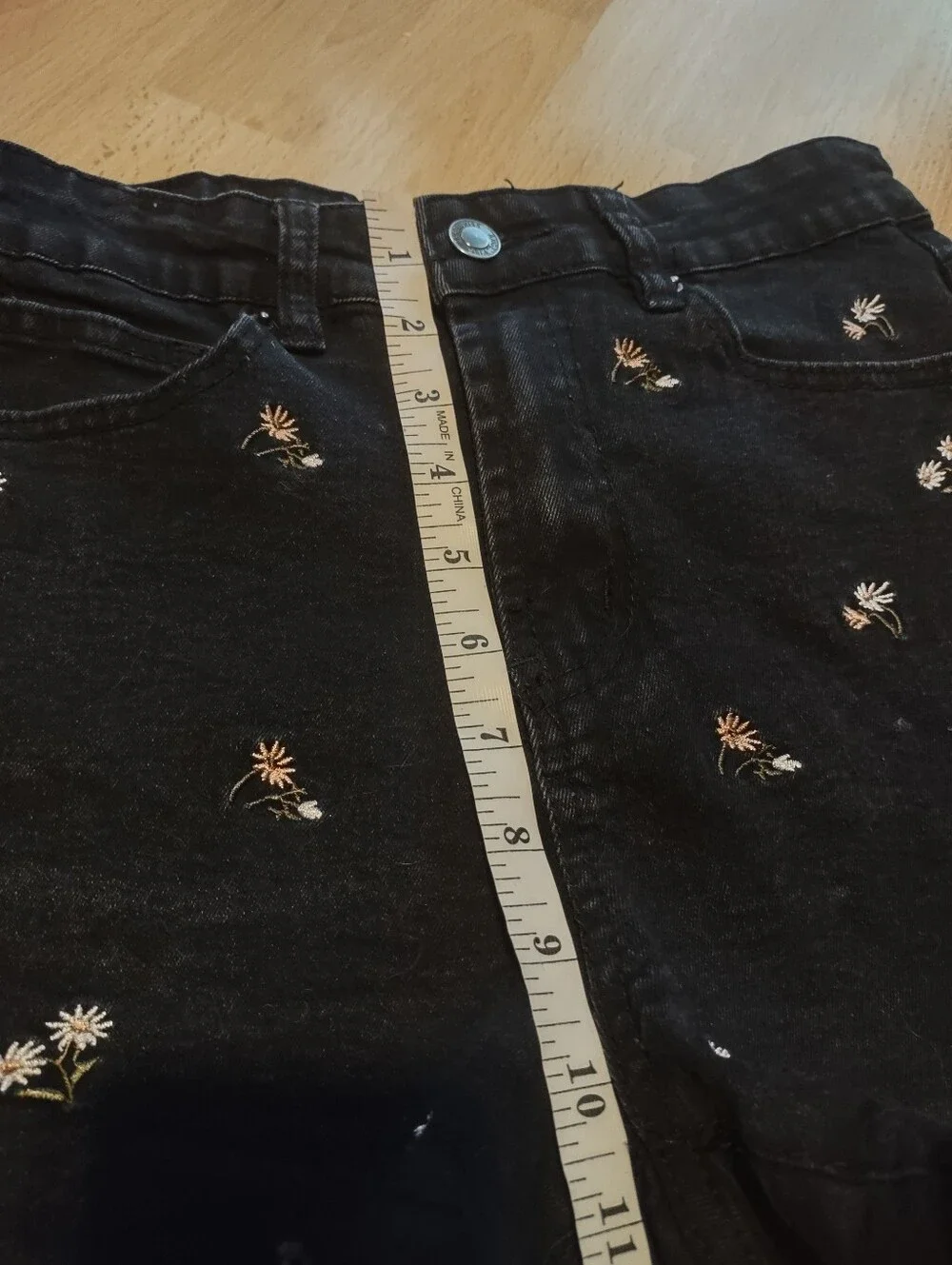 Angel Kiss Black Denim Shorts with White & Yellow Floral Embroidery